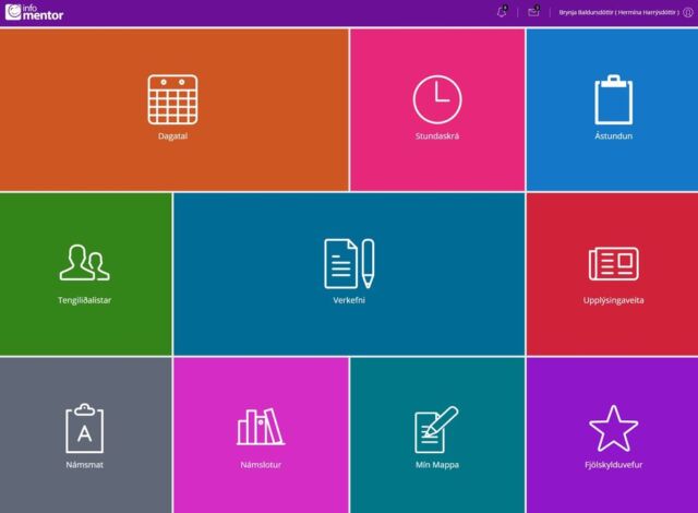 Minn Mentor er svæði nemenda og aðstandenda bæði í appi og á vef. Þar má finna ýmsar upplýsingar varðandi skólagönguna sem ræðst af því hvað skólinn setur inn. Flísar sem almennt eru opnar eru t.d. Ástundun, Námsmat, Verkefni, Stundaskrá, Tengiliðalistar, Dagatal, Upplýsingaveita og Mín Mappa. Ef notandi skráir sig í gegnum vefinn er hægt að opna flís sem heitir Fjölskylduvefur sem er eldra svæðið en það svæði er ekki aðgengilegt í appinu. 

Notendur stilla persónuverndarstillingar með því að smella á nafnið sitt, þar er líka stillt hvort og þá hvað birtist undir Tengiliðaflísinni. Notendur fá sendar tilkynningar um ýmsar skráningar t.d. heimavinnu, nýtt námsmat o.fl. en hver og einn notandi getur stillt hvort hann vilji fá tilkynningar eða ekki. Frekari upplýsingar um Minn Mentor og möguleika hans er að finna á heimasíðunni undir Aðstoð https://www.infomentor.is/adstod/#vanliga-fragor en þar er bæði að finna spurningar og svör og PDF skjöl með handbókum.